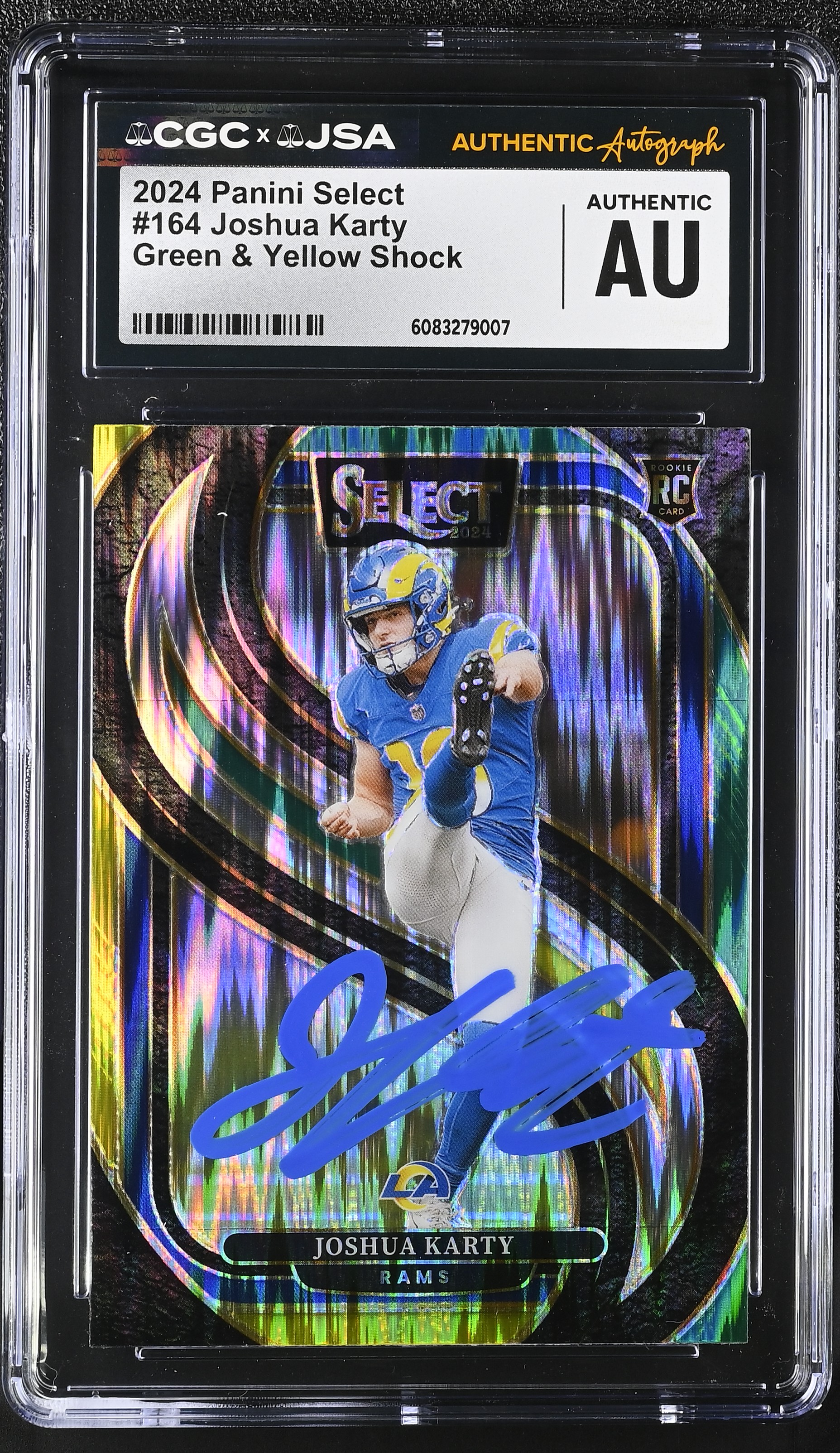 Joshua Karty 2024 Panini Select Green Yellow Shock Los Angeles Rams Signed Football Rookie Card #164 CGC Authentic Auto Cert #6083279007