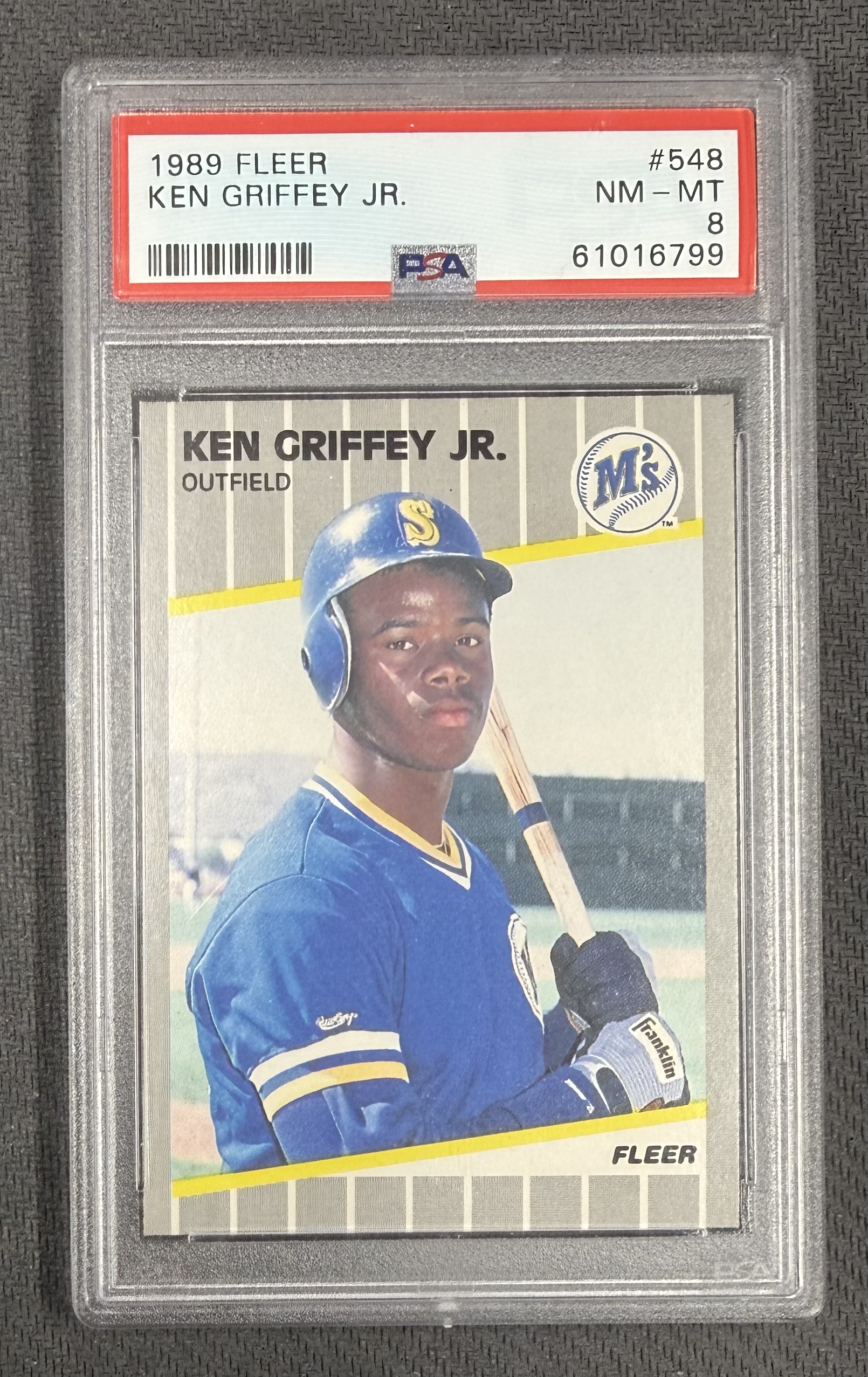 Ken Griffey Jr. 1989 Fleer Seattle Mariners Baseball RC Rookie Card #548 Graded PSA 8 Cert #61016799 Ken Griffey Jr. 1989 Fleer Seattle Mariners Baseball RC Rookie Card #548 Graded PSA 8 Cert #61016799