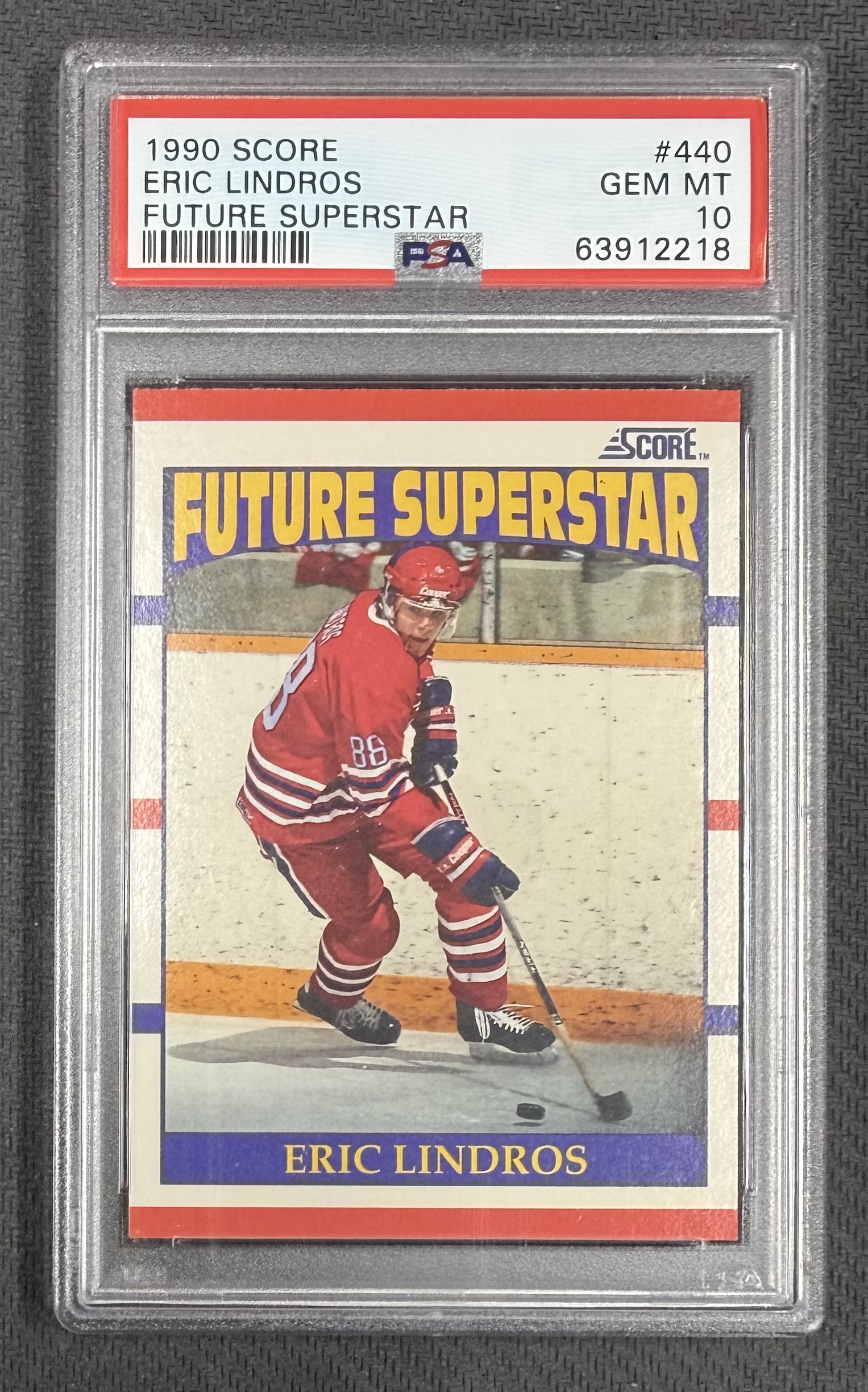 Eric Lindros 1990 Score Future Superstar Hockey RC Rookie Card #440 Graded PSA 10 Cert #63912218 Eric Lindros 1990 Score Future Superstar Hockey RC Rookie Card #440 Graded PSA 10 Cert #63912218
