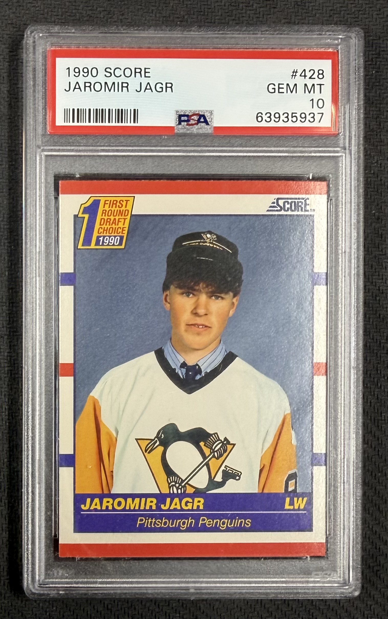 Jaromir Jagr 1990 Score Pittsburgh Penguins Hockey Rookie Card RC #428 Graded PSA 10 Cert #63935937 Jaromir Jagr 1990 Score Pittsburgh Penguins Hockey Rookie Card RC #428 Graded PSA 10 Cert #63935937