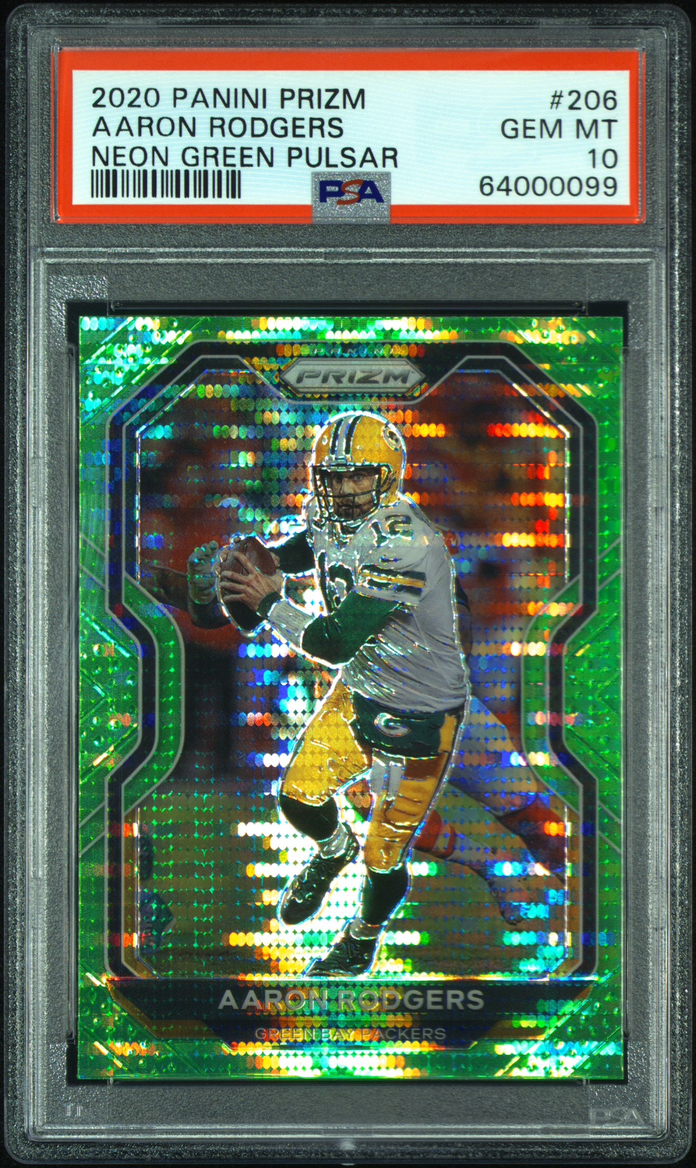 Aaron Rodgers 2020 Panini Prizm Neon Green Pulsar Football Card #206 Graded PSA 10