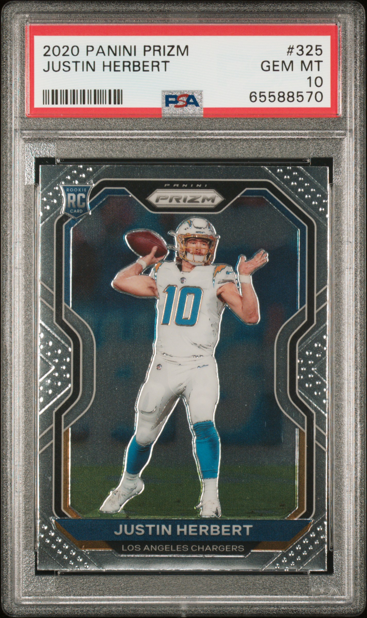Justin Herbert 2020 Panini Prizm Los Angeles Chargers Football RC Rookie Card #325 Graded PSA 10 Cert #65588570 Justin Herbert 2020 Panini Prizm Los Angeles Chargers Football RC Rookie Card #325 Graded PSA 10 Cert #65588570