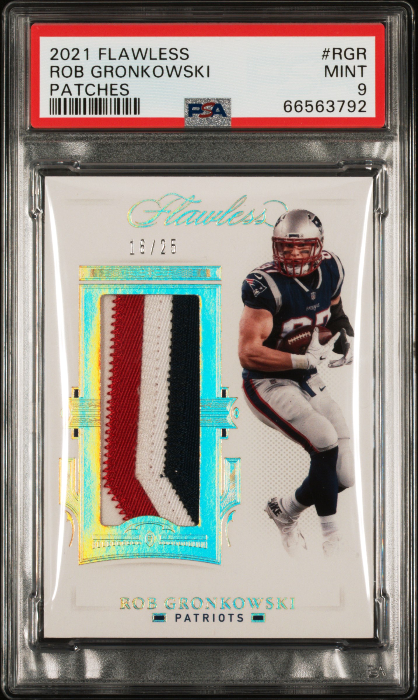 Rob Gronkowski 2021 Panini Flawless Football Player Worn Jersey Patch Card #PAT-RGR 16/25 Graded PSA 9 Cert #66563792 Rob Gronkowski 2021 Panini Flawless Football Player Worn Jersey Patch Card #PAT-RGR 16/25 Graded PSA 9 Cert #66563792