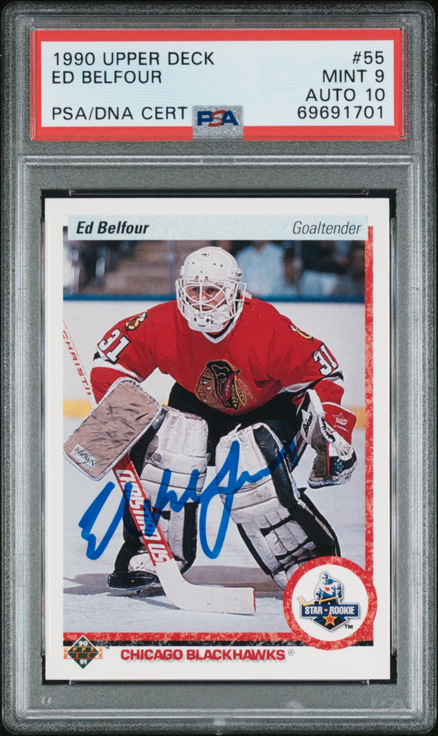 Ed Belfour 1990 Upper Deck Signed Hockey Rookie Card #55 Graded PSA 9 Auto 10