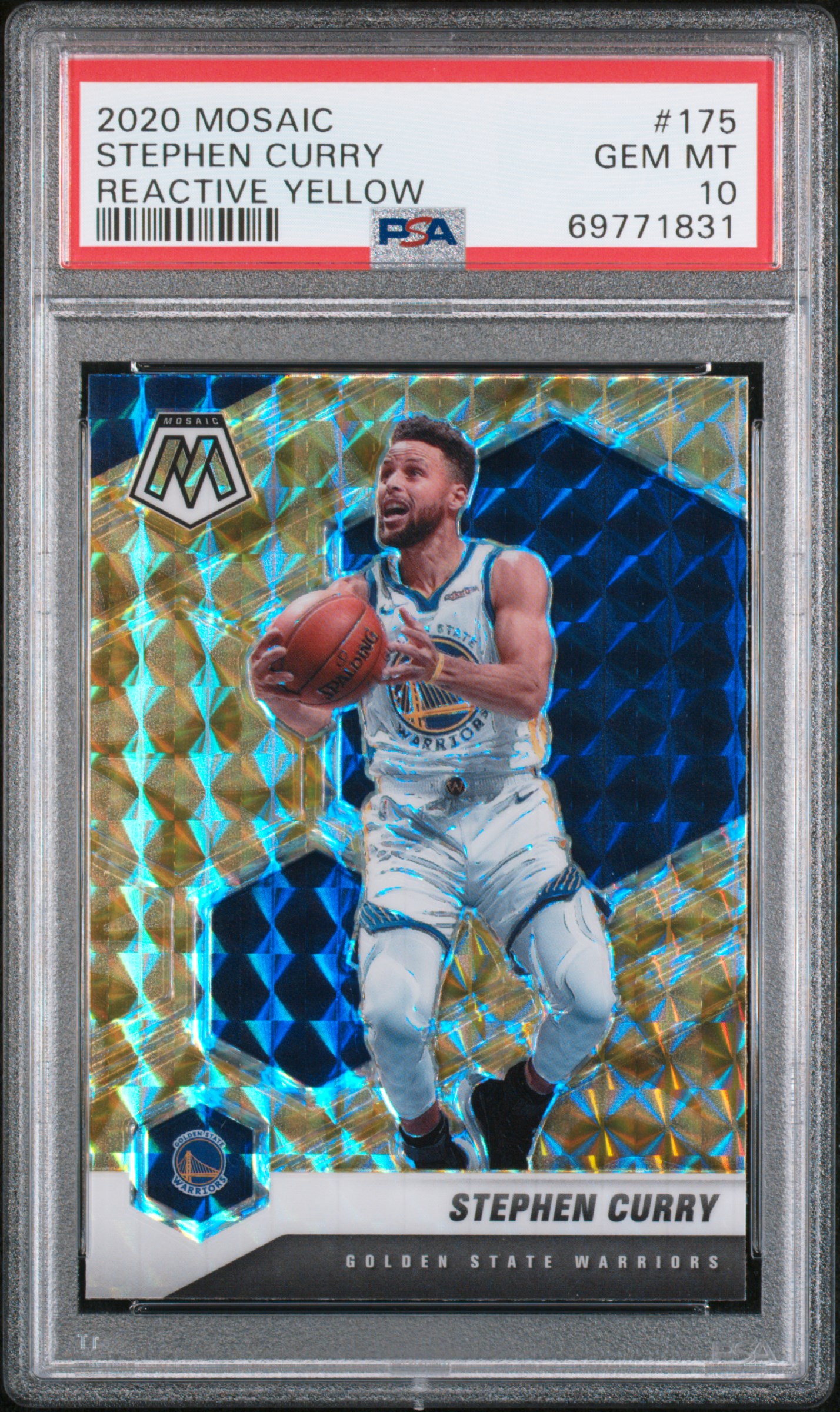 Stephen Curry 2020 Panini Mosaic Reactive Yellow Golden State Warriors Basketball Card #175 Graded PSA 10 Cert #69771831 Stephen Curry 2020 Panini Mosaic Reactive Yellow Golden State Warriors Basketball Card #175 Graded PSA 10 Cert #69771831