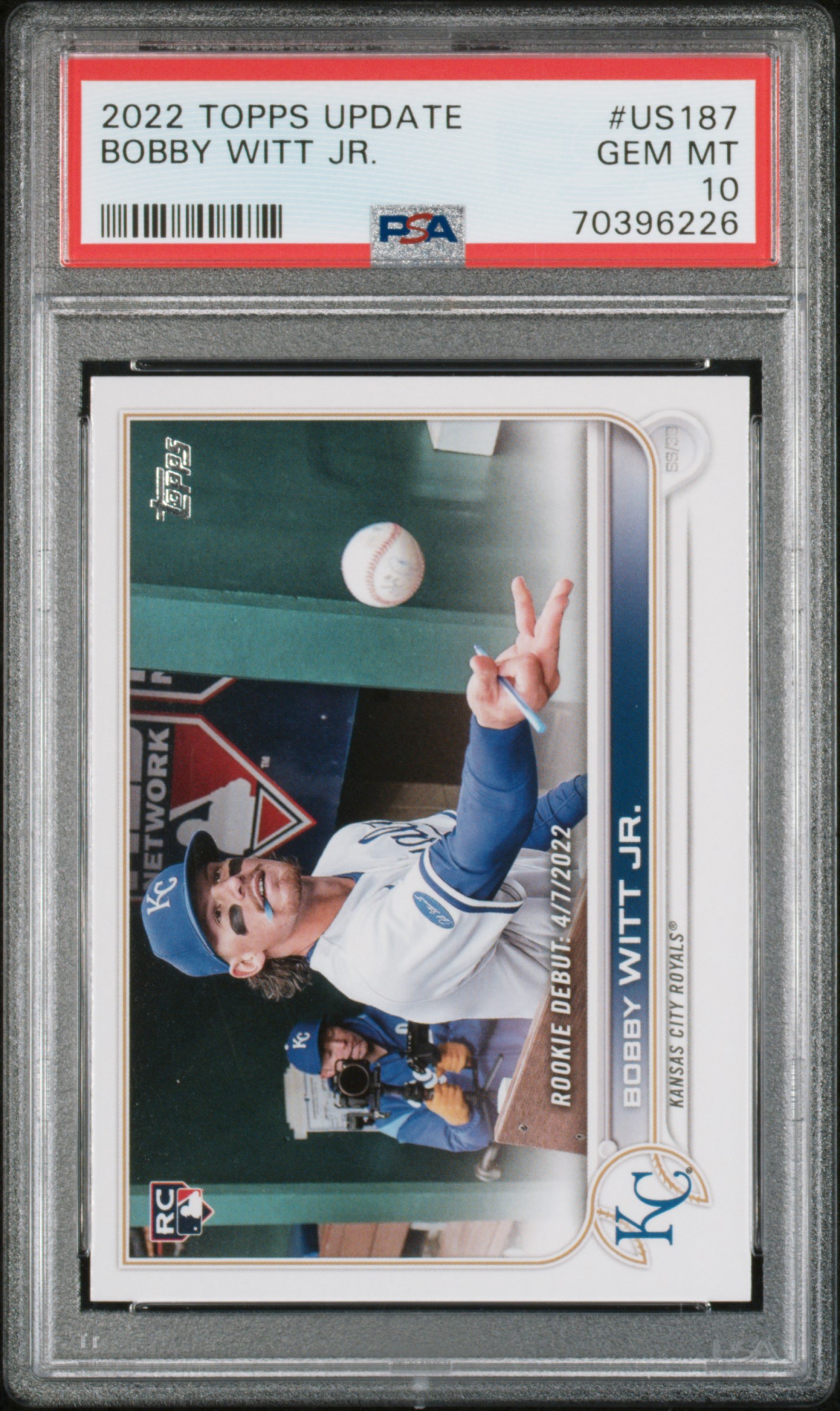 Bobby Witt Jr. 2022 Topps Update Rookie Debut Kansas City Royals Baseball RC Card #US187 Graded PSA 10 Cert #70396226 Bobby Witt Jr. 2022 Topps Update Rookie Debut Kansas City Royals Baseball RC Card #US187 Graded PSA 10 Cert #70396226