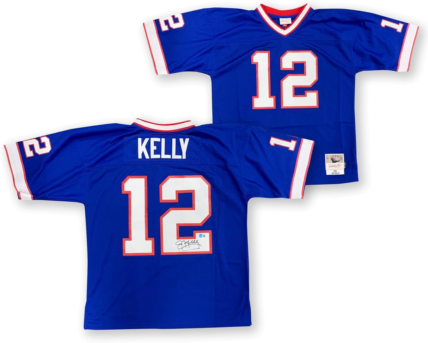 Jim Kelly Autographed Buffalo Bills Signed Mitchell & Ness Football Jersey Beckett Authenticated COA STAIN