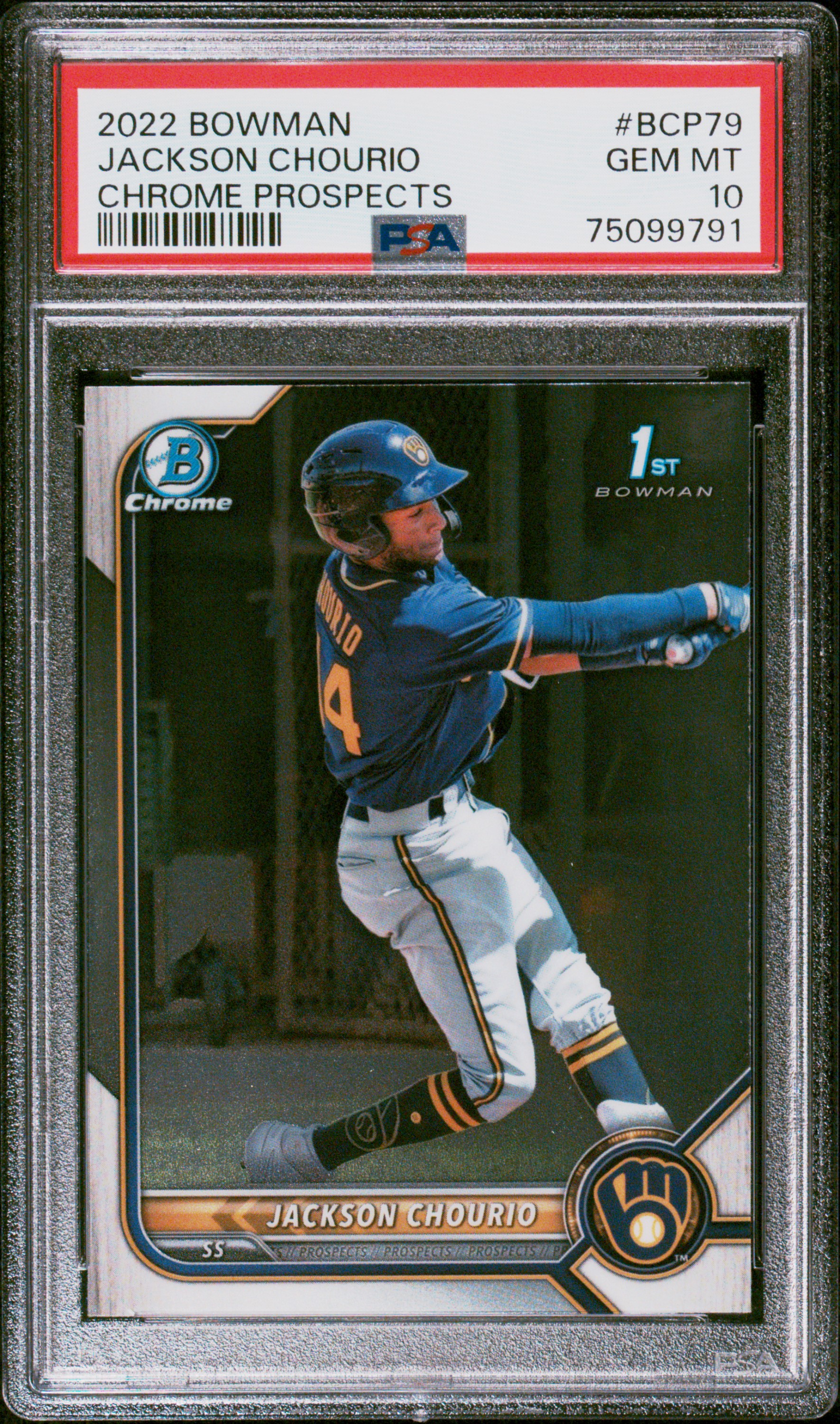 Jackson Chourio 2022 Bowman Chrome Prospects 1st Bowman Milwaukee Brewers Baseball RC Rookie Card #BCP79 Graded PSA 10 Cert #75099791 Jackson Chourio 2022 Bowman Chrome Prospects 1st Bowman Milwaukee Brewers Baseball RC Rookie Card #BCP79 Graded PSA 10 Cert #75099791