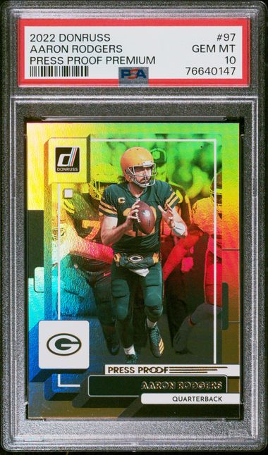 Aaron Rodgers 2022 Panini Donruss Press Proof Premium Football Card #97 Graded PSA 10