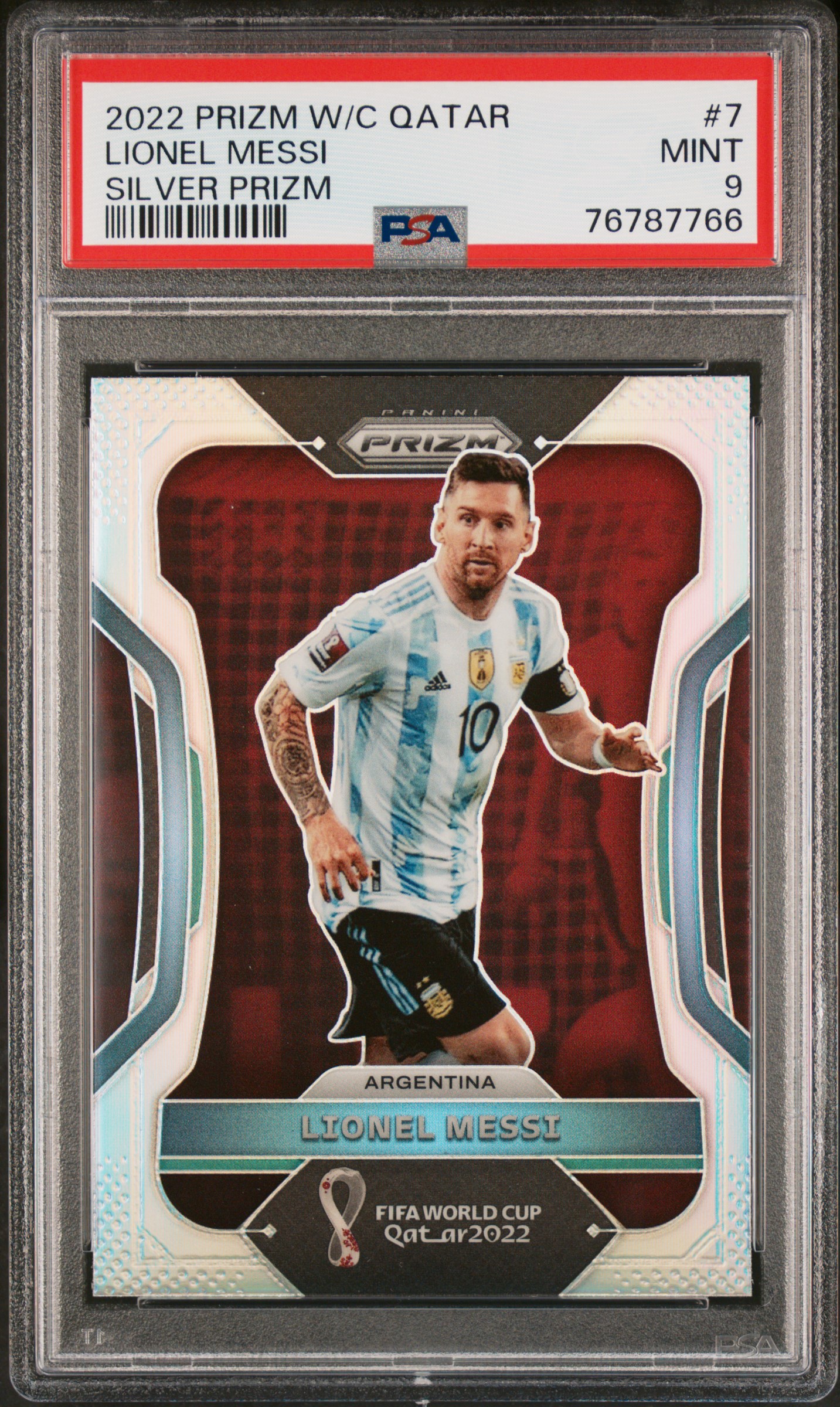 Lionel Messi 2022 Panini Silver Prizm World Cup Qatar Soccer Card #7 Graded PSA 9