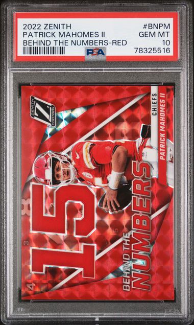 Patrick Mahomes 2022 Panini Zenith Behind the Numbers Red Card #BNPM PSA 10