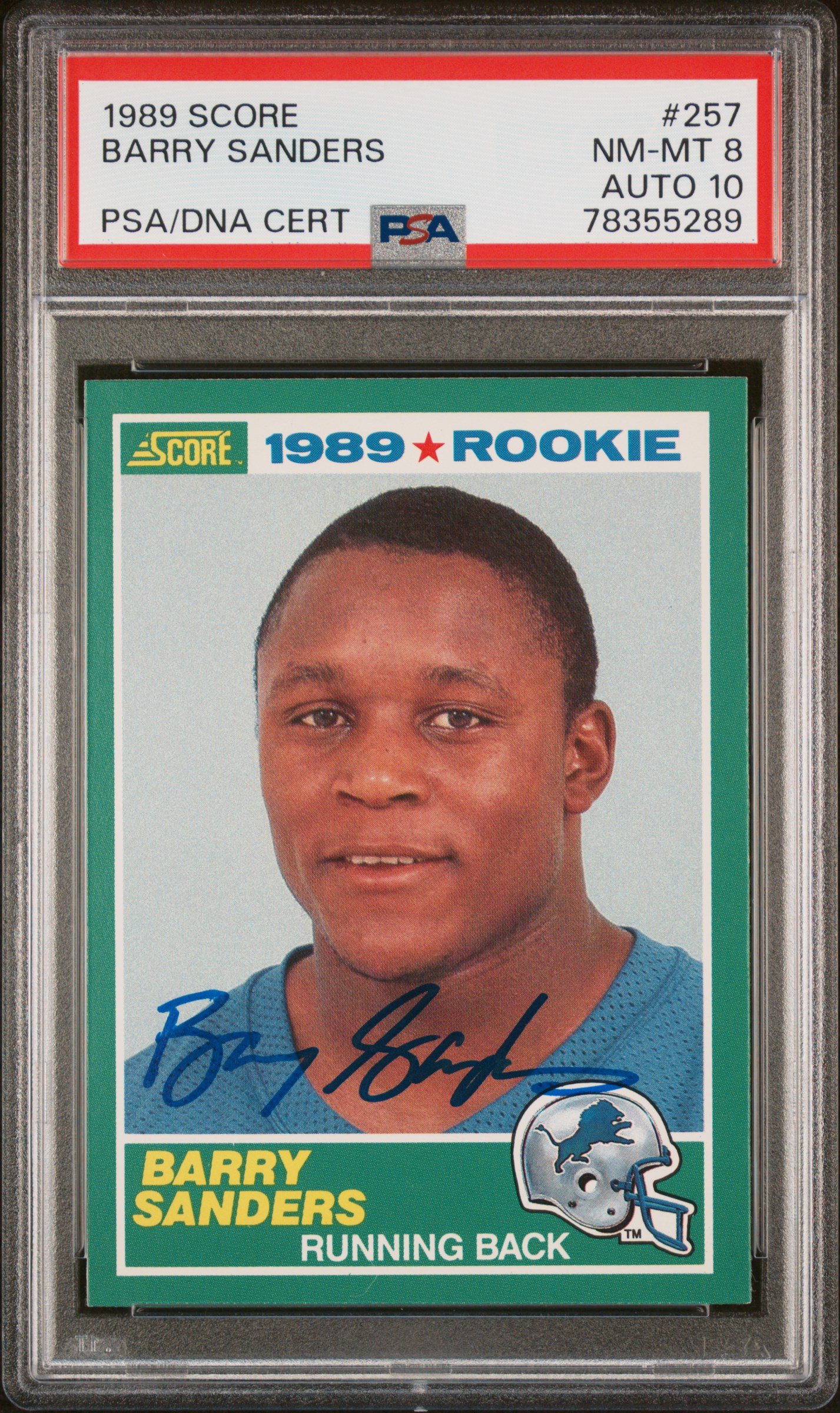 Barry Sanders 1989 Score Detroit Lions Signed Football RC Rookie Card #257 Graded PSA 8 Auto 10 Cert #78355289 Barry Sanders 1989 Score Detroit Lions Signed Football RC Rookie Card #257 Graded PSA 8 Auto 10 Cert #78355289