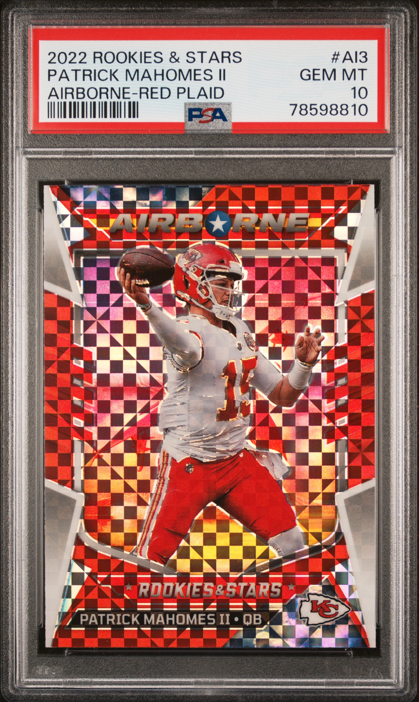 Patrick Mahomes II 2022 Panini Rookies & Stars Airborne Red Plaid Kansas City Chiefs Football Card #AI3 Graded PSA 10 Cert #78598810 Patrick Mahomes II 2022 Panini Rookies & Stars Airborne Red Plaid Kansas City Chiefs Football Card #AI3 Graded PSA 10 Cert #78598810