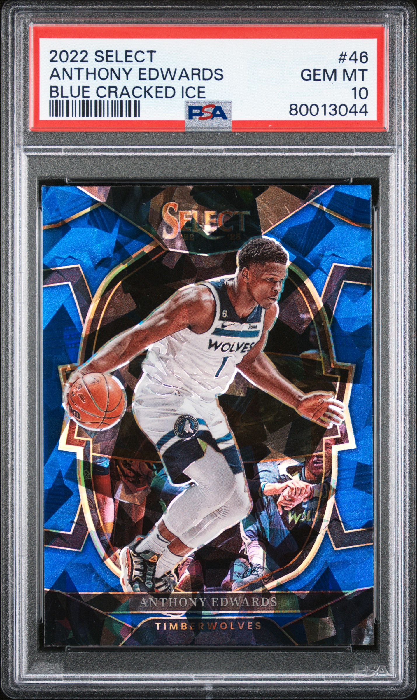 Anthony Edwards 2022 Panini Select Blue Cracked Ice Basketball Card #46 Graded PSA 10 Cert # 80013044 Anthony Edwards 2022 Panini Select Blue Cracked Ice Basketball Card #46 Graded PSA 10 Cert # 80013044