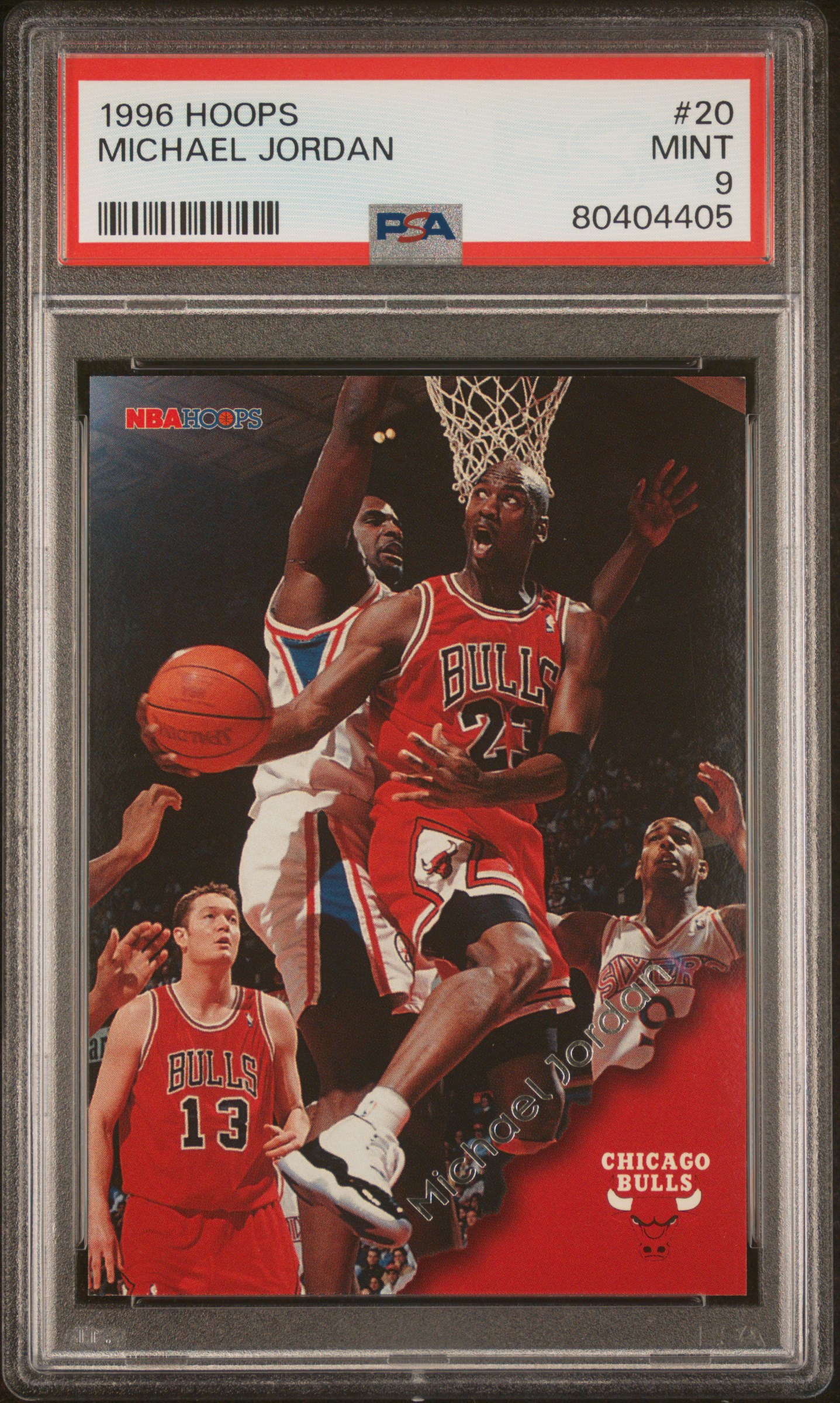Michael Jordan 1996 NBA Hoops Chicago Bulls Basketball Card #20 Graded PSA 9 Cert #80404405