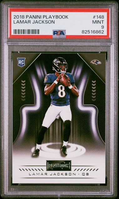 Lamar Jackson 2018 Panini Playbook Football Rookie Card #148 Graded PSA 9