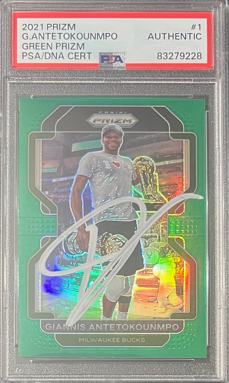 Giannis Antetokounmpo 2021 Panini Green Prizm Signed Card #1 Auto PSA 83279228