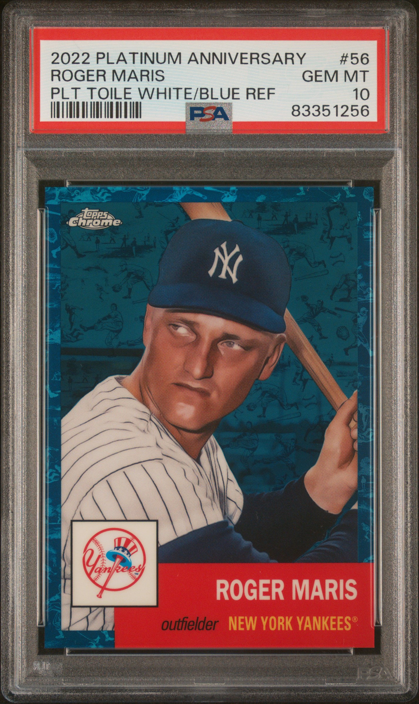 Roger Maris 2022 Topps Chrome White/Blue Refractor Baseball Card #56 Graded PSA 10 115/199