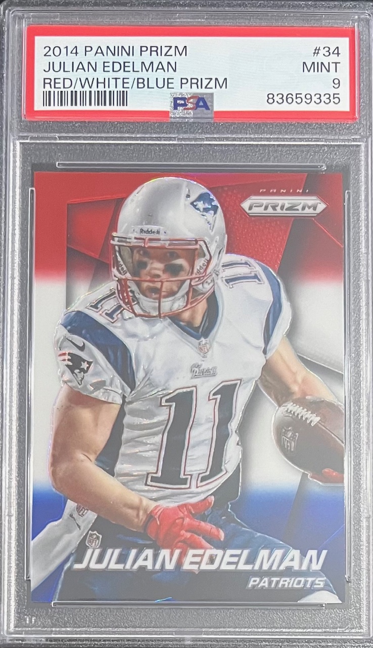 Julian Edelman 2014 Panini Prizm Red White Blue Football Card #34 Graded PSA 9
