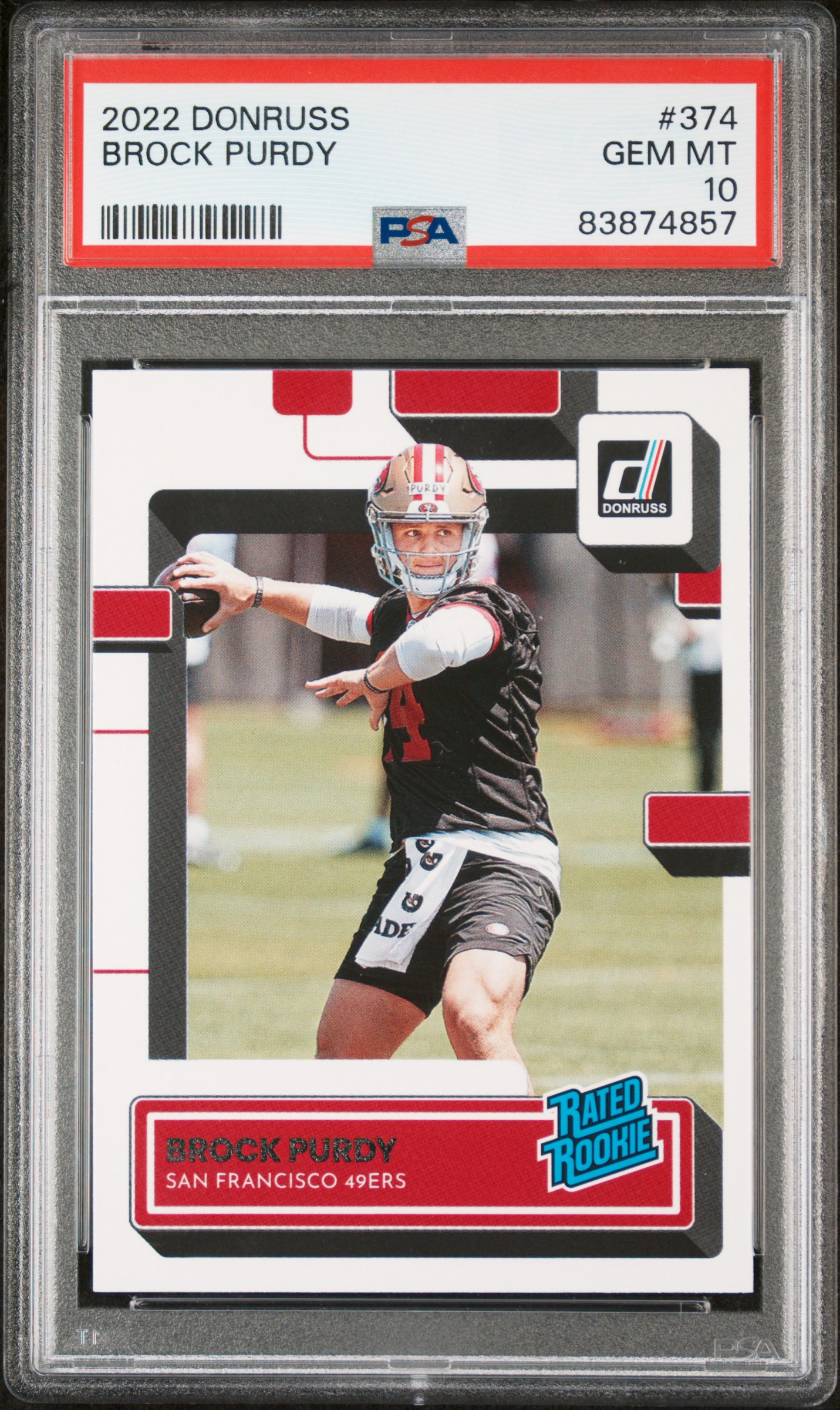 Brock Purdy 2022 Donruss Rated Rookie Football Card #374 Graded PSA 10 Cert 83874857