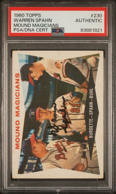 Warren Spahn 1960 Topps Mound Magicians Signed Baseball Card #230 Auto PSA