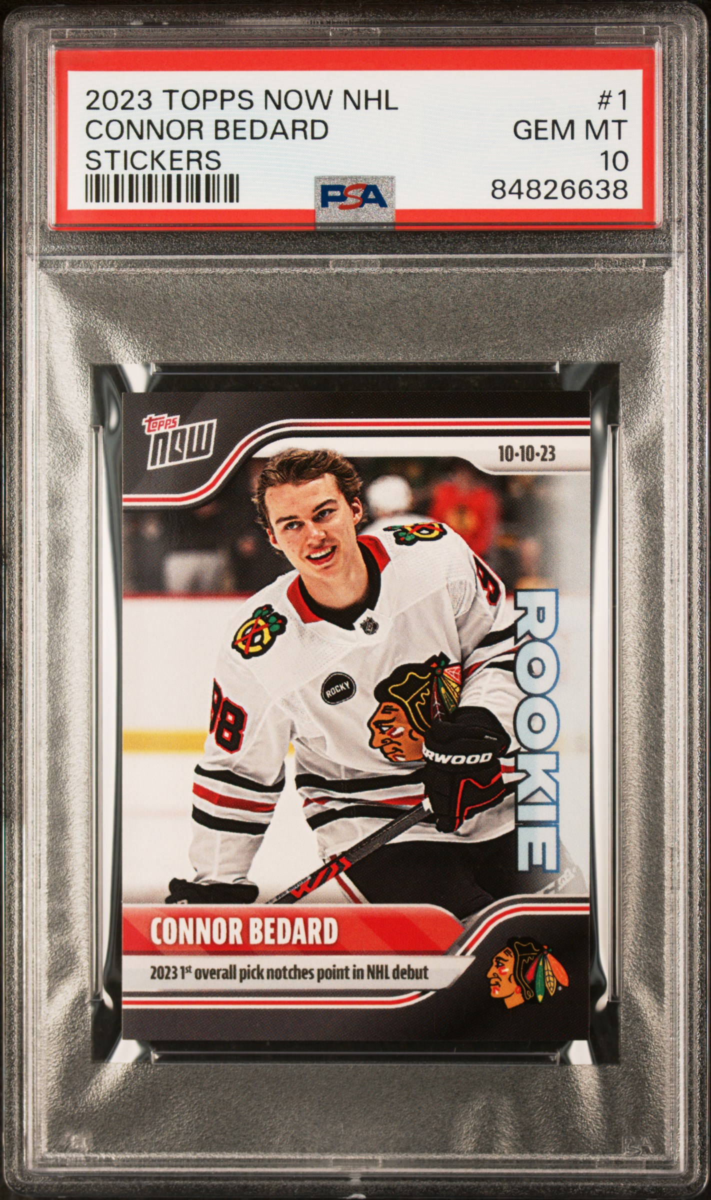 Connor Bedard 2023 Topps Now NHL Stickers Rookie Card #1 Graded PSA 10 Cert #84826638