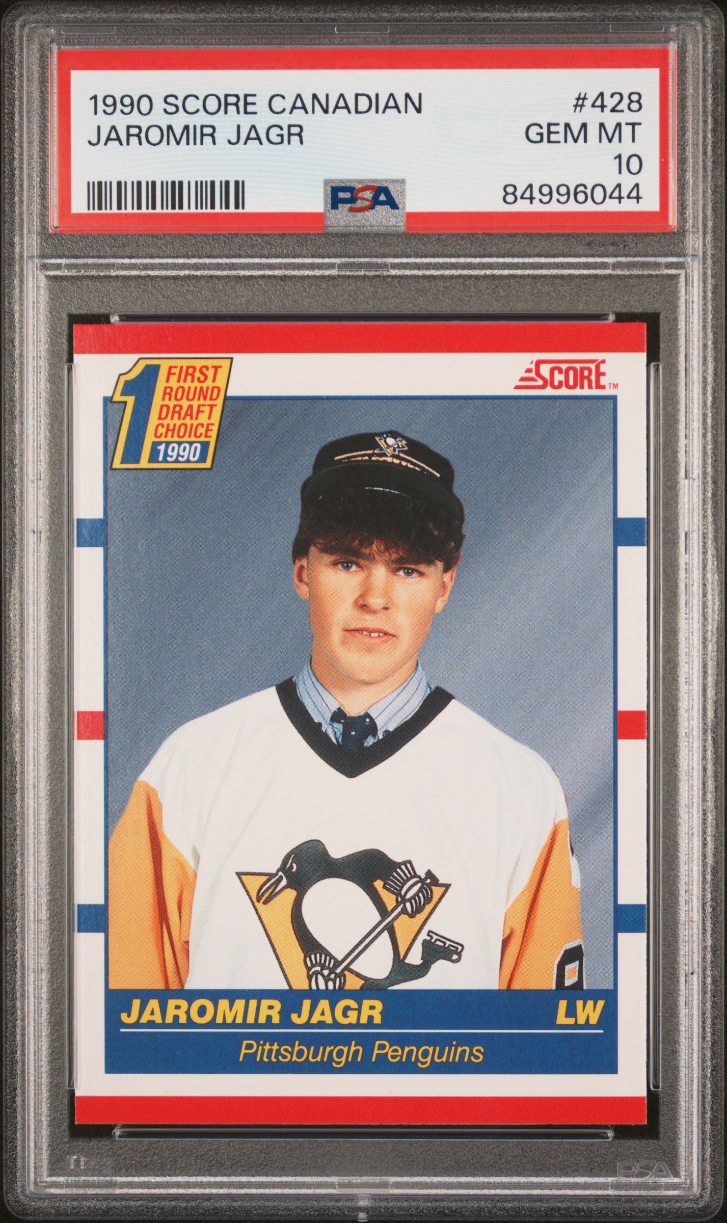 Jaromir Jagr 1990 Score Canadian Pittsburgh Penguins Hockey Rookie Card RC #428 Graded PSA 10 Cert #84996044 Jaromir Jagr 1990 Score Canadian Pittsburgh Penguins Hockey Rookie Card RC #428 Graded PSA 10 Cert #84996044