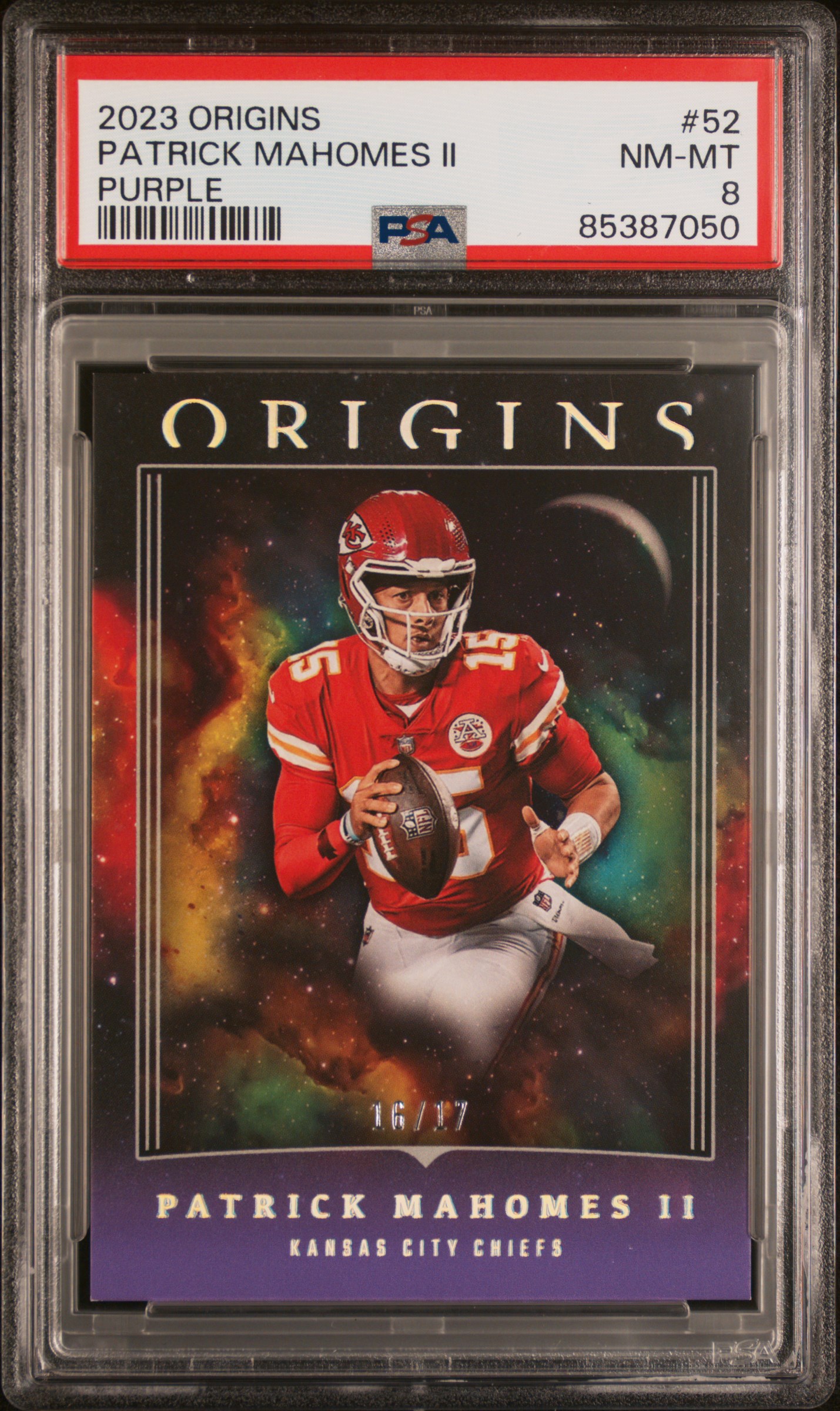 Patrick Mahomes II 2023 Panini Origins Purple Football Card #52 Graded PSA 8 16/17 Cert #85387050