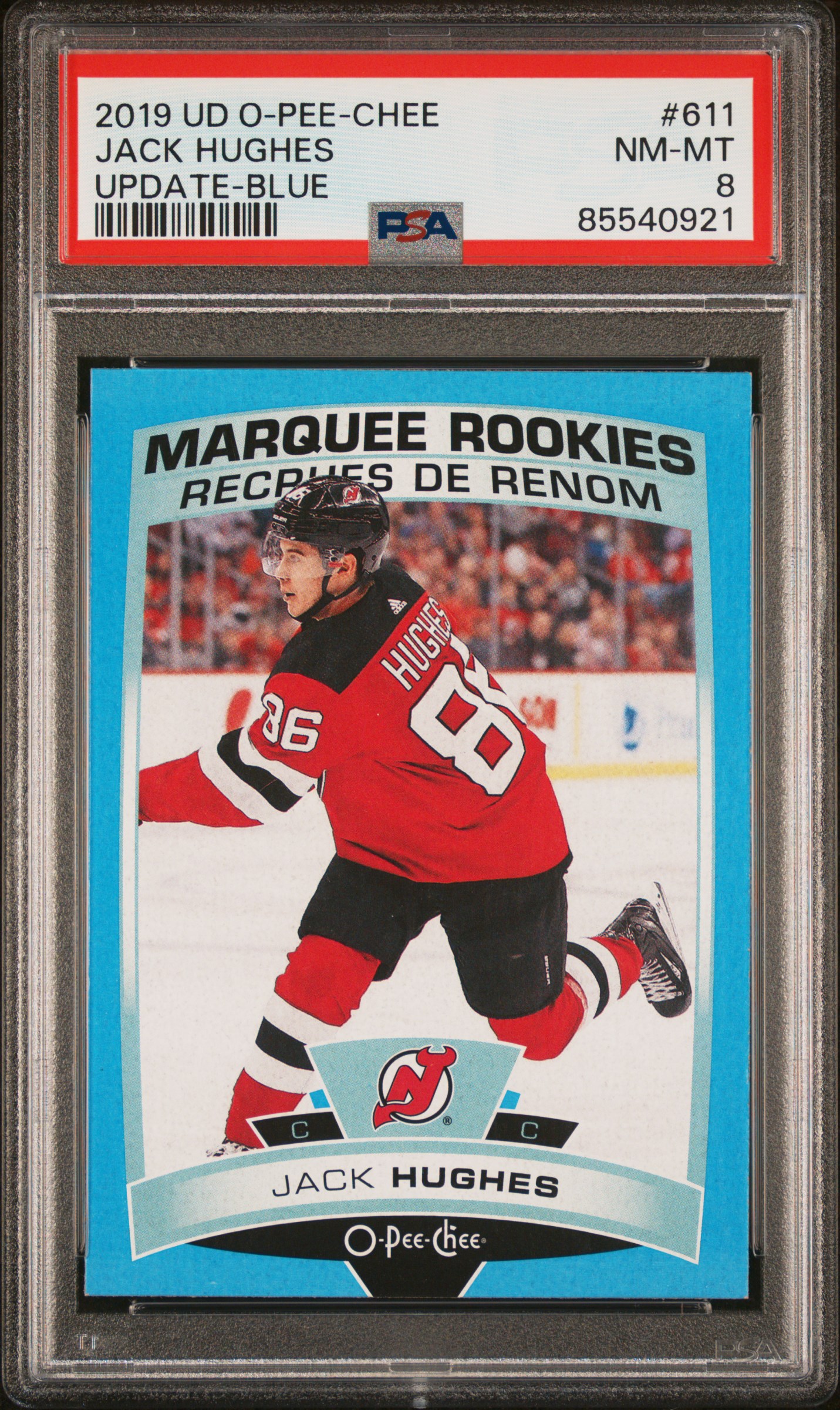 Jack Hughes 2019 Upper Deck O Pee Chee Update Blue Marquee Rookies Hockey Card #611 Graded PSA 8 Cert #85540921