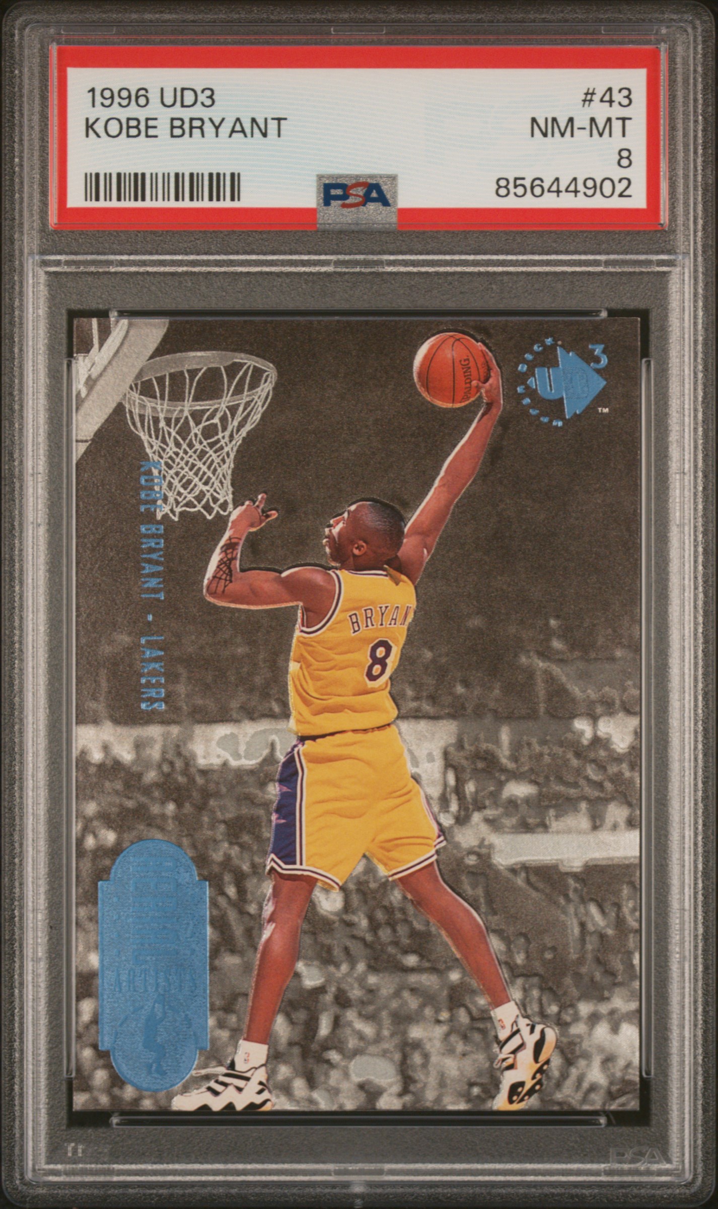 Kobe Bryant 1996 UD3 Los Angeles Lakers Basketball RC Rookie Card #43 Graded PSA 8 Cert #85644902 Kobe Bryant 1996 UD3 Los Angeles Lakers Basketball RC Rookie Card #43 Graded PSA 8 Cert #85644902
