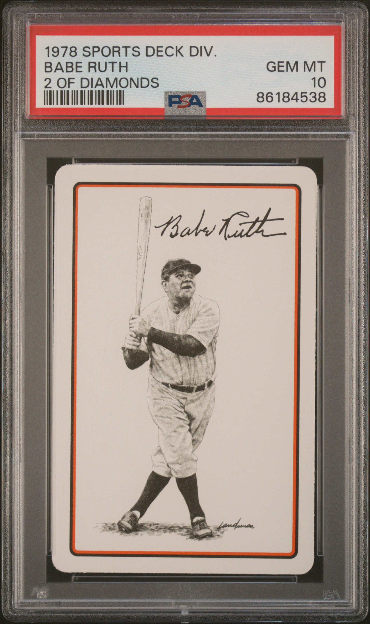 Babe Ruth 1978 Sports Deck 2 of Diamonds Baseball Card Graded PSA 10 Cert # 86184538 Babe Ruth 1978 Sports Deck 2 of Diamonds Baseball Card Graded PSA 10 Cert # 86184538