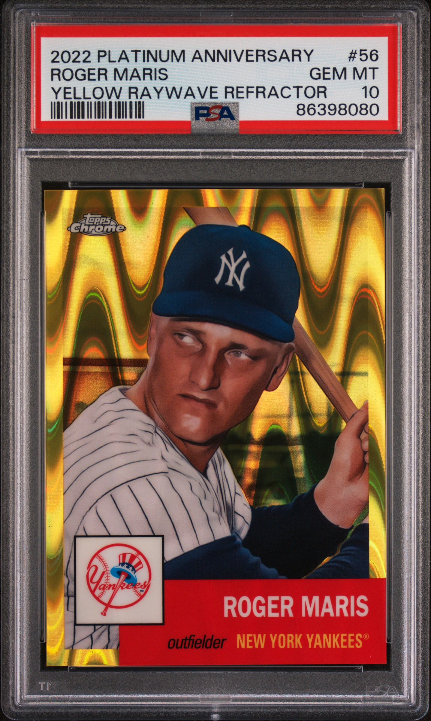 Roger Maris 2022 Topps Chrome Yellow Raywave Refractor Baseball Card #56 Graded PSA 10 9/250