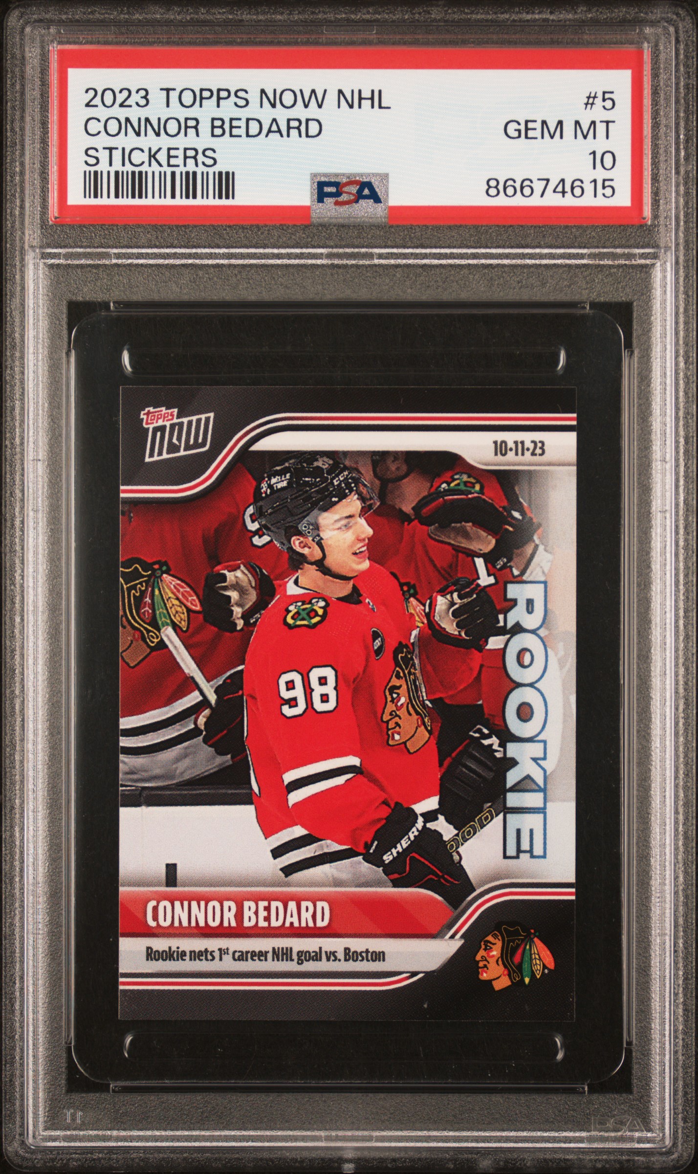 Connor Bedard 2023 Topps Now NHL Stickers Rookie Hockey Card #5 Graded PSA 10 Cert #86674615