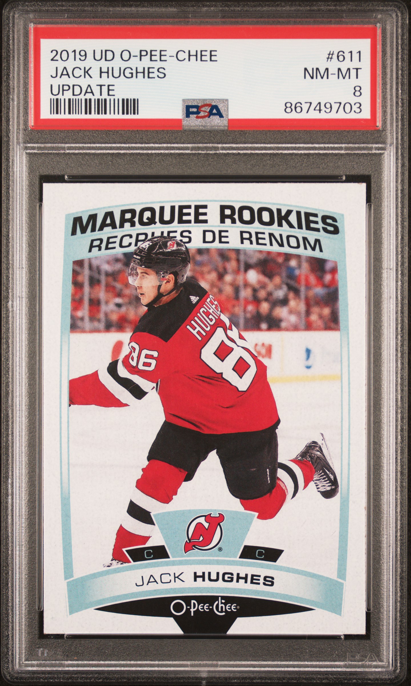 Jack Hughes 2019 Upper Deck O Pee Chee Update Marquee Rookies Hockey Card #611 Graded PSA 8 Cert #86749703