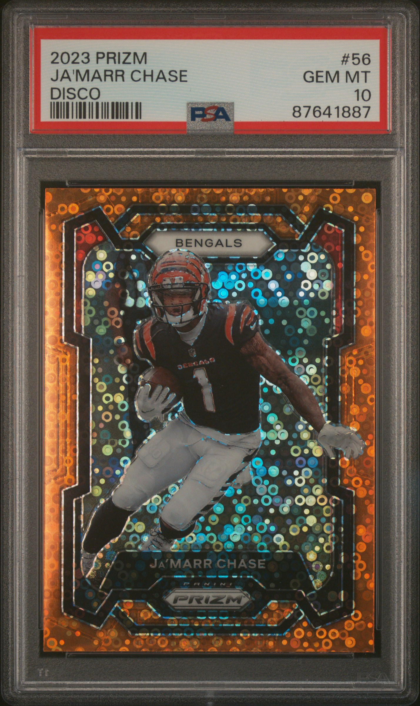 Ja'Marr Chase 2023 Panini Prizm Orange Disco Football Card #56 Graded PSA 10
