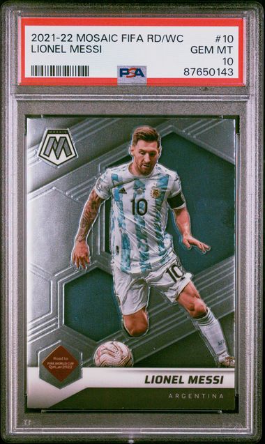 Lionel Messi 2021 Panini Mosaic FIFA World Cup Soccer Card #10 Graded PSA 10