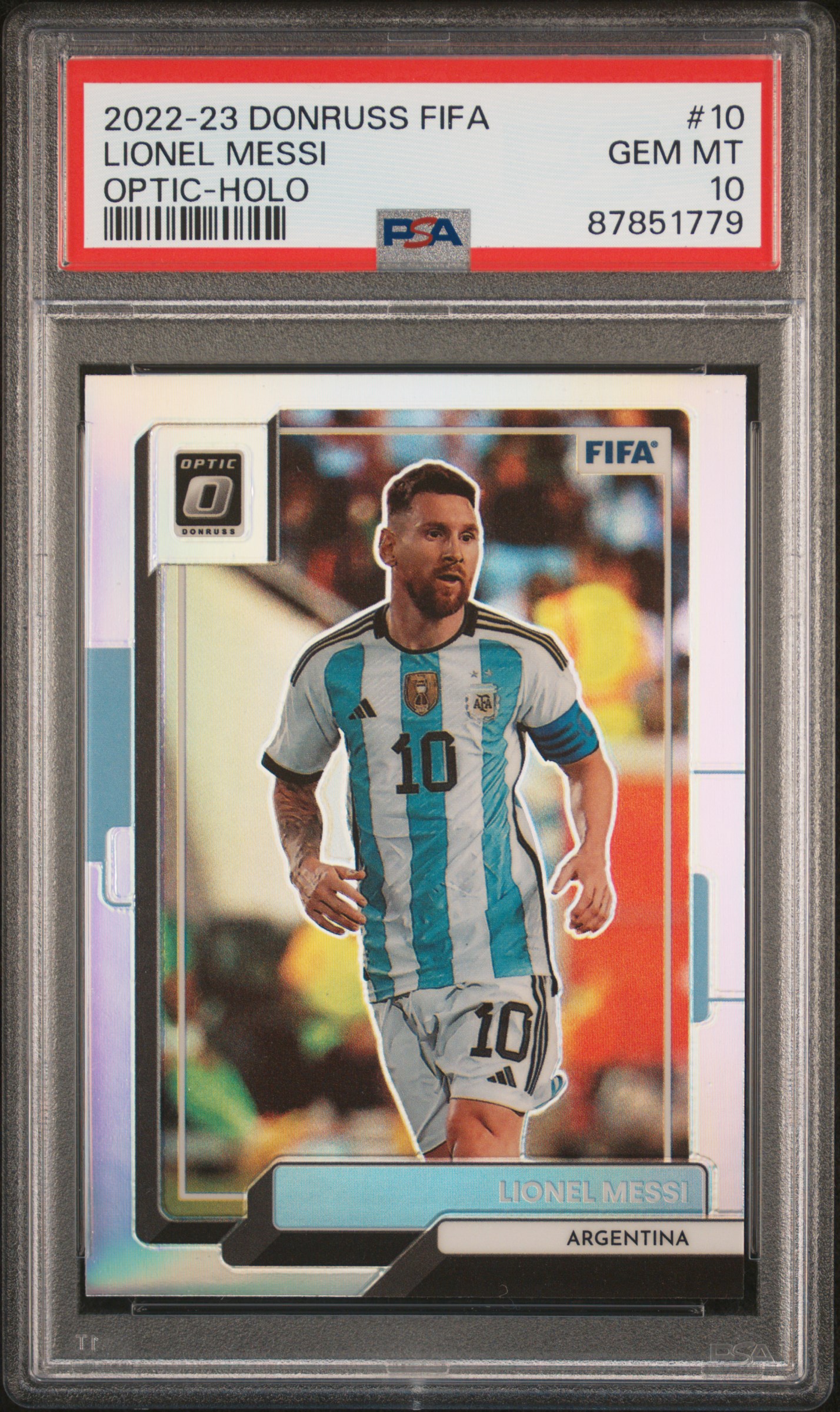 Lionel Messi 2022 Panini Donruss Optic Holo FIFA Soccer Card #10 Graded PSA 10