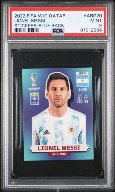 Lionel Messi 2022 World Cup Qatar Soccer Sticker Blue Card #ARG20 Graded PSA 9