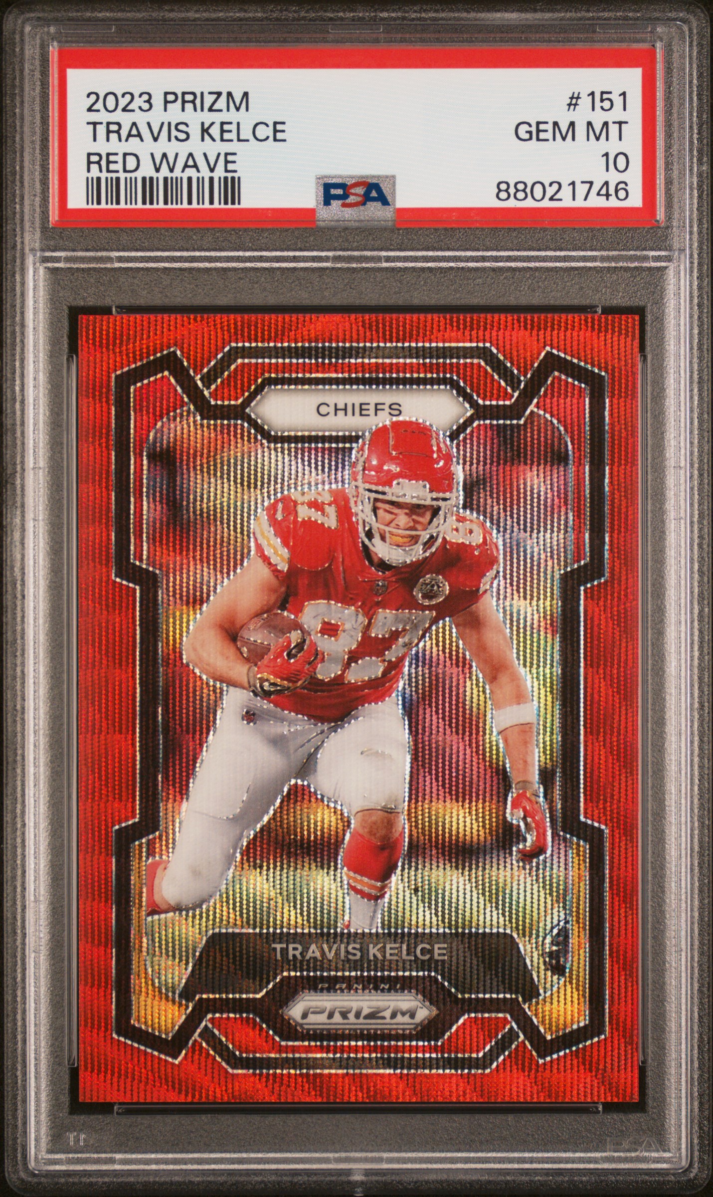 Travis Kelce 2023 Panini Prizm Red Wave Football Card #151 Graded PSA 10 138/149 Cert # 88021746 Travis Kelce 2023 Panini Prizm Red Wave Football Card #151 Graded PSA 10 138/149 Cert # 88021746