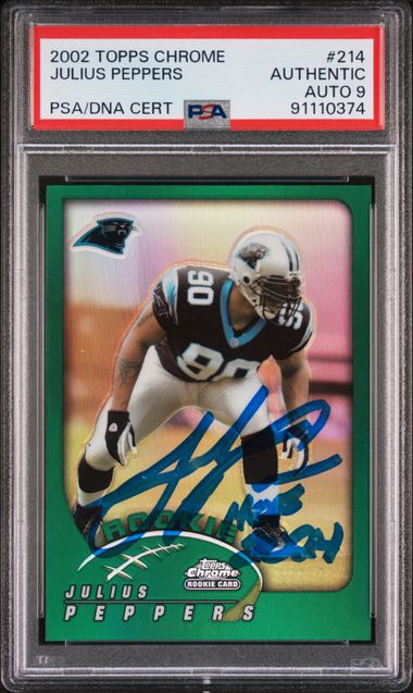 Julius Peppers 2002 Topps Chrome HOF 24 Signed Rookie Card #214 Auto PSA 9 10374