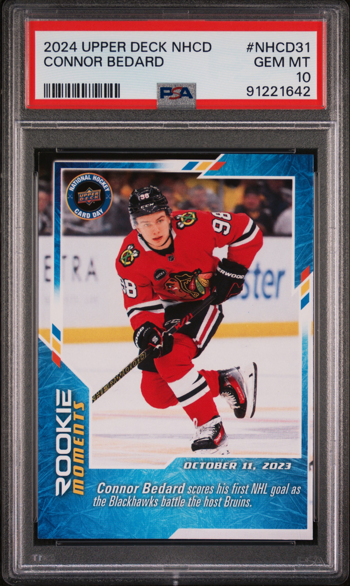 Connor Bedard 2024 Upper Deck NHCD Hockey Rookie Card #NHCD31 Graded PSA 10 Cert #91221642
