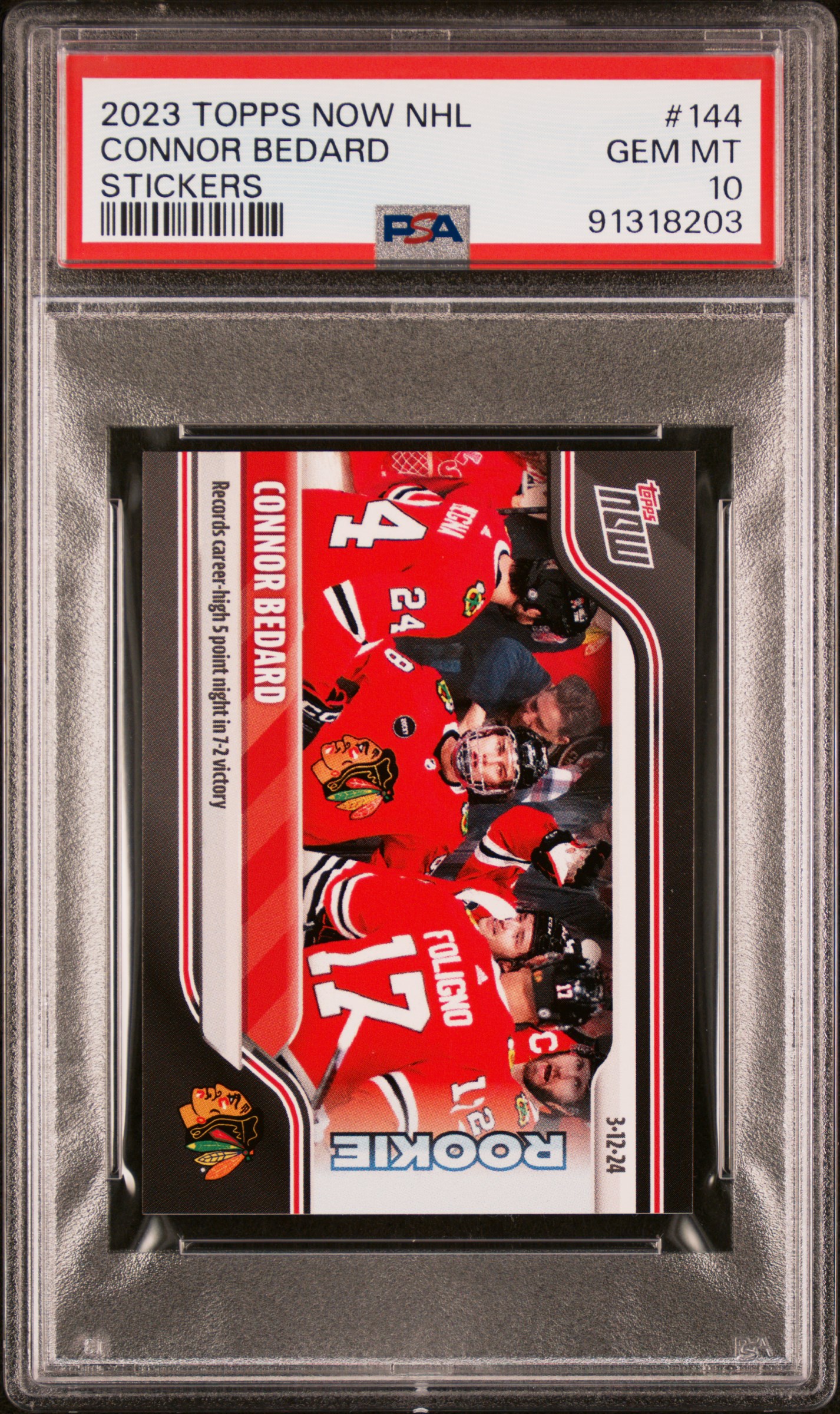 Connor Bedard 2023 Topps Now NHL Stickers Hockey Rookie Card #144 Graded PSA 10 Cert #91318203