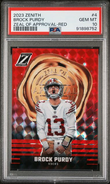 Brock Purdy 2023 Panini Zenith Zeal Of Approval Red Card #4 Graded PSA 10 Brock Purdy 2023 Panini Zenith Zeal Of Approval Red Card #4 Graded PSA 10