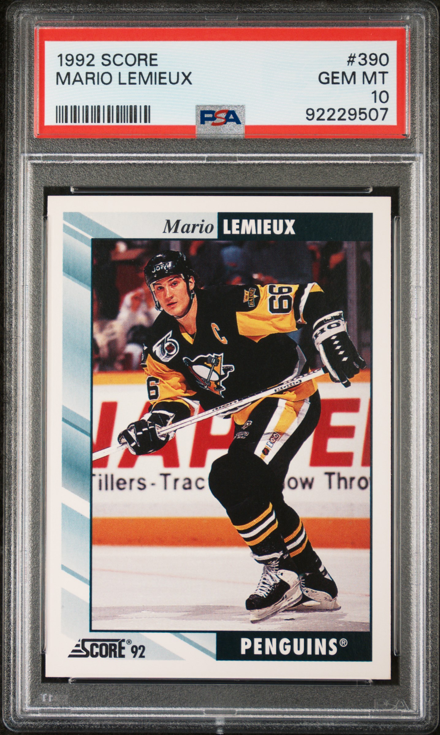 Mario Lemieux 1992 Score Hockey Card #390 Graded PSA 10 Cert #92229507