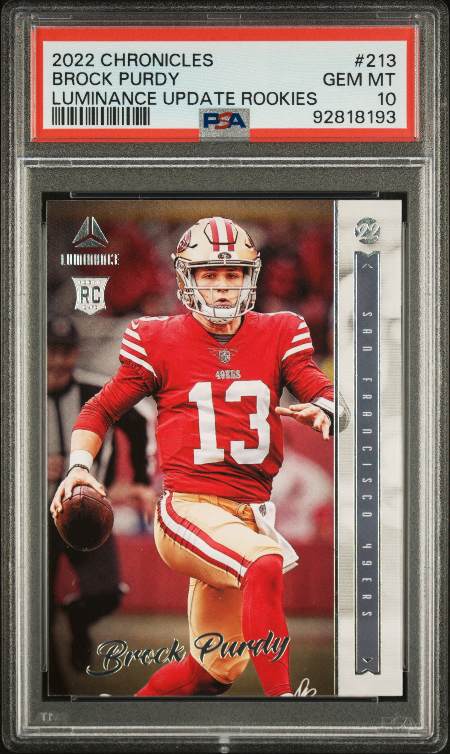 Brock Purdy 2022 Panini Chronicles Luminance Update Rookie Football Card #213 Graded PSA 10 Cert 92818193