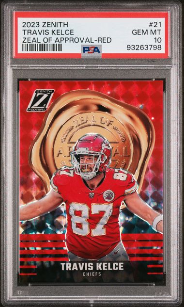 Travis Kelce 2023 Panini Zenith Zeal of Approval Red Card #21 Graded PSA 10