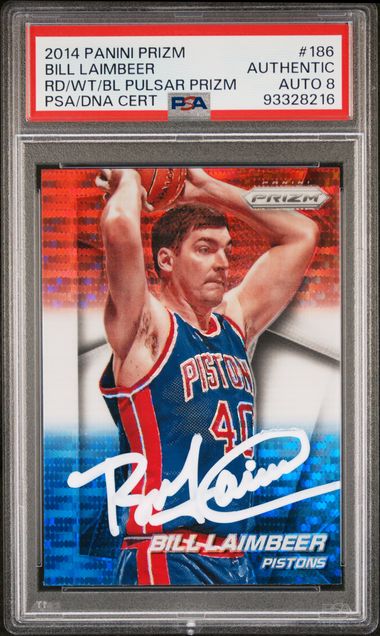 Bill Laimbeer 2014 Panini Prizm Red White Blue Pulsar Card #186 Auto PSA 8