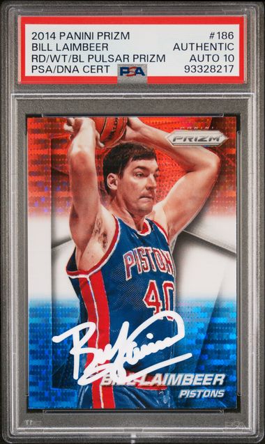 Bill Laimbeer 2014 Panini Prizm Red White Blue Pulsar Card #186 Auto PSA 10