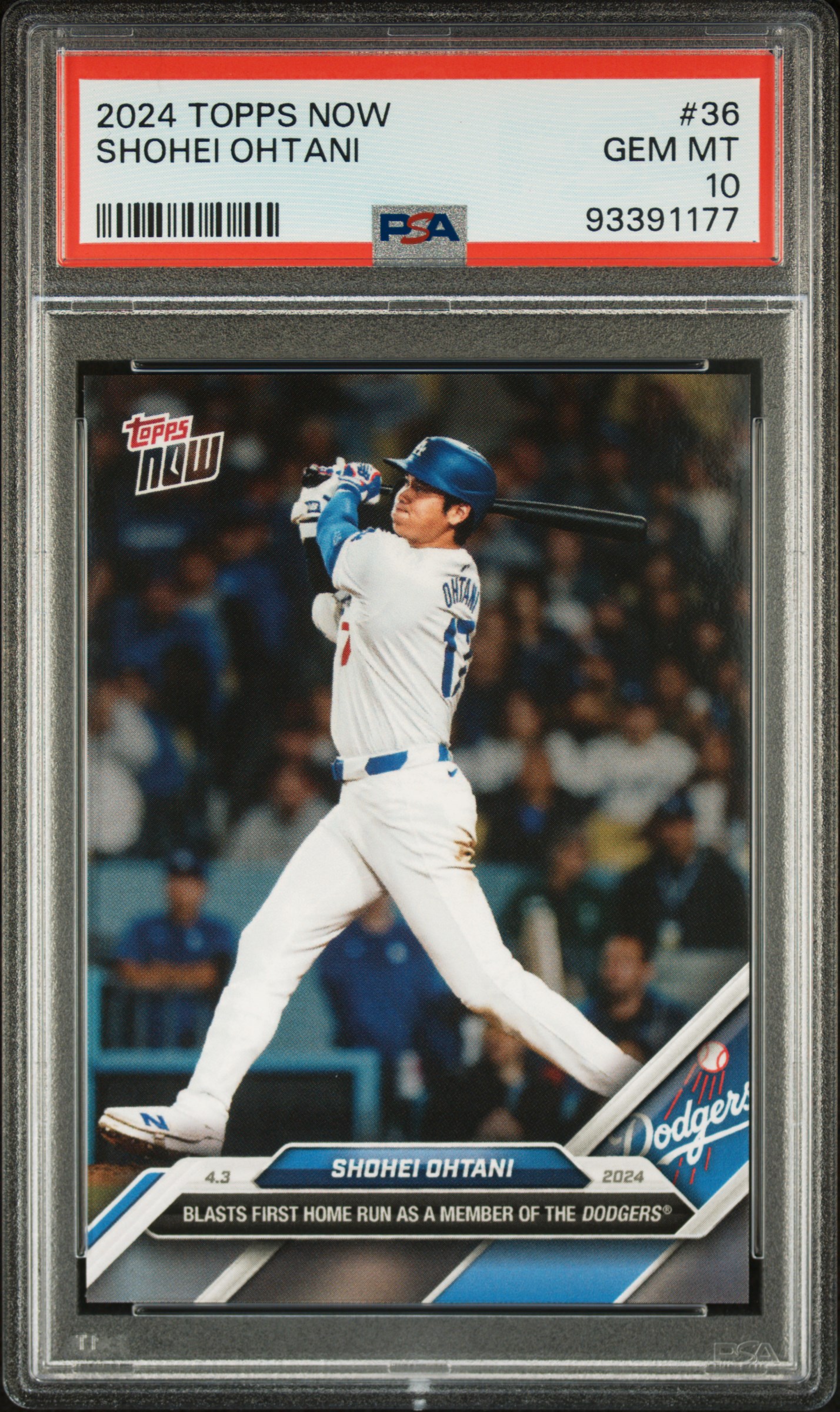 Shohei Ohtani 2024 Topps Now Los Angeles Dodgers 1st Home Run Baseball Card #36 Graded PSA 10 Cert #93391177 Shohei Ohtani 2024 Topps Now Los Angeles Dodgers 1st Home Run Baseball Card #36 Graded PSA 10 Cert #93391177