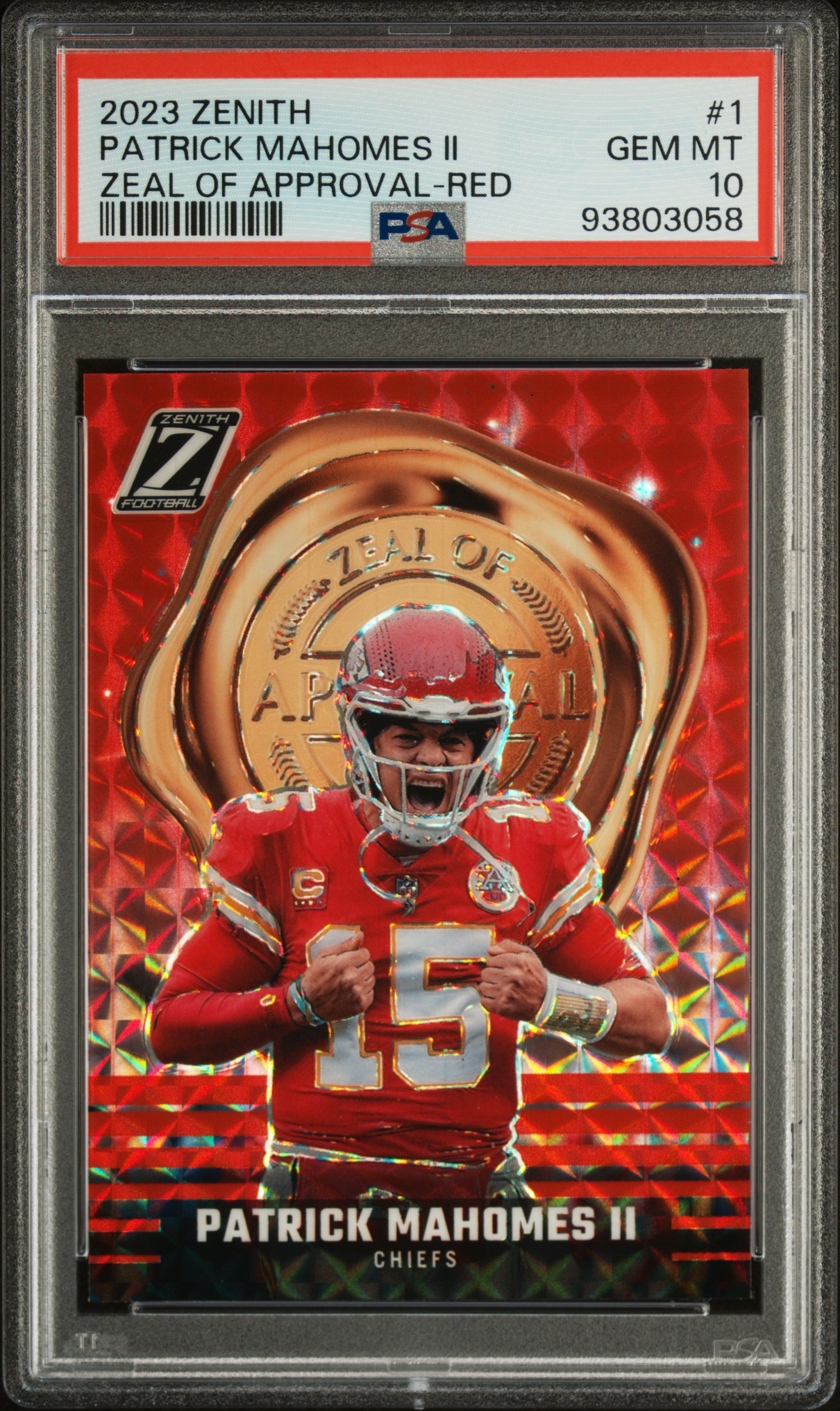 Patrick Mahomes 2023 Zenith Zeal of Approval Red Football Card #1 Graded PSA 10 Patrick Mahomes 2023 Zenith Zeal of Approval Red Football Card #1 Graded PSA 10
